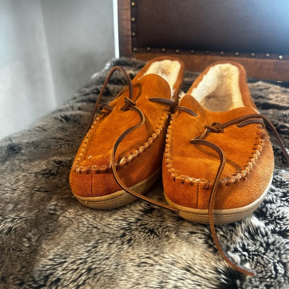 J. Crew Sherpa Lined Suede Brown Moccasin Slippers, Size 12